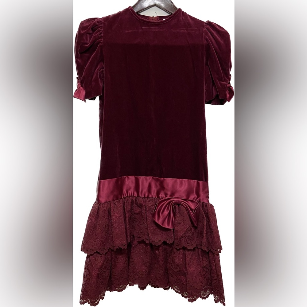 VINTAGE BURGUNDY VELVET LACE GIRLS PHOTO SESSION EVENT DRESS
